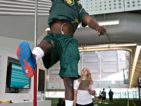 Chris Rwabukamba, shown here during physicals last weekend, is in competition for the starting safety job with the Eskimos. (Codie McLachlan, Edmonton Sun)