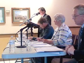 Provincial election candidates, from left, Liberal John Earle, Libertarian Shawn McRae, NDP Elaine MacDonald and incumbent PC MPP Jim McDonell, attended an all-candidates debate on Monday at the Cornwall Legion, with the focus on education.GREG PEERENBOOM/CORNWALL STANDARD-FREEHOLDER