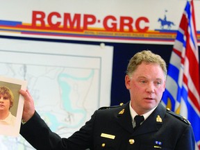 Prince George British Columbia, Monday October 17, 2011 RCMP Insp. Brendan Fitzpatrick, E Division Major Crime holds up the photo of 21 year old Cody Alan Legebokoff charged with 3 counts of first degree murderin the murders of Jill Stacey Stuchenko, Cynthia Frances Maas and Natasha Lynn Montgomery. Legebokoff was arrested this past Friday at Prince Geoirge Regional Correction Centre where he is currently awaiting trial in the homicide of Loren Donn Leslie. Citizen photo by Brent Braaten/PRINCE GEORGE CITIZEN