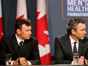 Vancouver Canucks president and former player Trevor Linden, left, and Olympian Simon Whitfield, were in Ottawa Tuesday for a press conference announcing the Don't Change Much men's health campaign. (Chris Hofley/Ottawa Sun)​