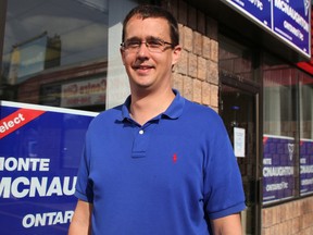 Monte McNaughton at his Strathroy campaign office. The Conservative candidate and incumbent in Lambton-Kent-Middlesex was a legislative page in the Bob Rae government when he was 14. (TYLER KULA, The Observer)
