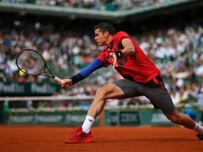 Milos Raonic of Canada returns the ball to Novak Djokovic of Serbia during their men's quarter-final match at the French Open tennis tournament at the Roland Garros stadium in Paris June 3, 2014. (REUTERS)