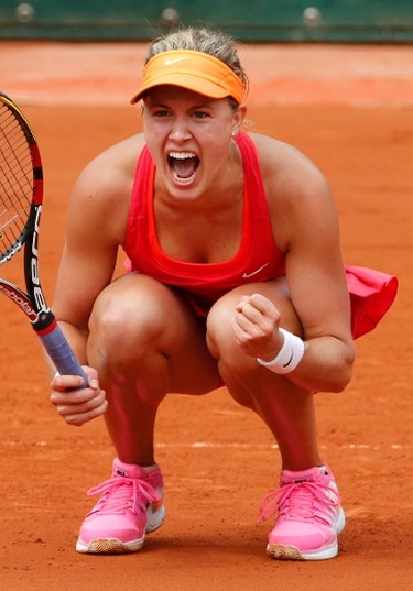 Eugenie Bouchard of Canada reacts after winning her women's quarter-final match against Carla Suarez Navarro of Spain at the French Open on June 3.