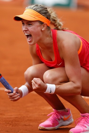 Eugenie Bouchard of Canada reacts after winning her women's quarter-final match against Carla Suarez Navarro of Spain at the French Open on June 3.