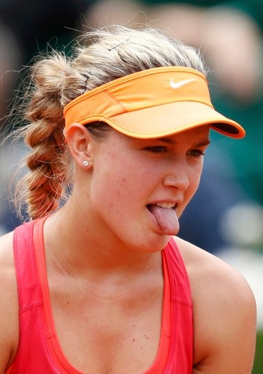 Eugenie Bouchard of Canada reacts during her women's quarter-final match against Carla Suarez Navarro of Spain at the French Open on June 3.