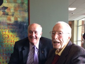 Veterans Affairs Minister Julian Fantino and WWII veteran Ernest Cote, 100, before leaving for Normandy to mark the 70th anniversary of D-Day. (Supplied photo)