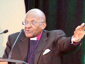 South African Archbishop Desmond Tutu speaks in Fort McMurray, Alta., on Saturday, May 31, 2014, labelling the oilsands filth. (VINCENT McDERMOTT/QMI Agency)
