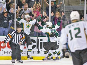 The Texas Stars celebrate a third-period goal against the Toronto Marlies Tuesday night in Austin. The hosts advanced with a 6-2 win. (Christina Shapiro/Texas Stars)