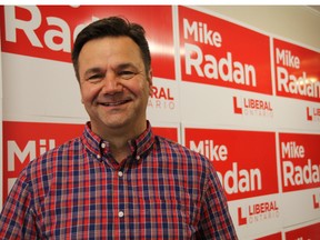 Lambton-Kent-Middlesex Liberal candidate Mike Radan in his Strathroy campaign office. The 49-year-old Southwest Middlesex business manager was encouraged by his two children Mackenzie, 21, and Felicity, 19, to try his hand at provincial politics. (BARBARA SIMPSON, The Observer)