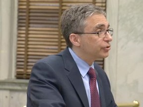 Lawyer Jonathan Kroft speaks on behalf of the Selinger government on June 4, 2014, at a court hearing in Winnipeg to determine whether last year's PST hike was legal. (SCREEN GRAB)