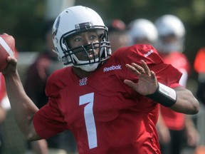 Henry Burris throws a pass during RedBlacks practice Wednesday, his 39th birthday. (Tony Caldwell/Ottawa Sun)