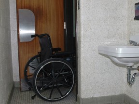 Typical of the washrooms throughout the Colin McGregor Justice Building . . . virtually inaccessible to anyone in a wheelchair.
Ian McCallum/Times-Journal
