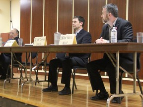 Sarnia-Lambton candidates debated health care Wednesday at a Sarnia-Lambton Health Coalition-hosted meeting. From left are Liberal Anne Marie Gillis, Conservative Bob Bailey, Green Kevin Shaw, and NDP Brian White. Libertarian Andrew Falby did not attend. TYLER KULA/ THE OBSERVER/ QMI AGENCY