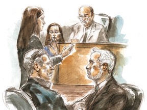 Crown attorney Meghan Scott, left, addresses Judge Bruno Cavion at Old City Hall Court in August 2011) (Pam Davies Sketch/Toronto Sun)