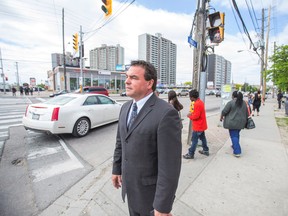 Councillor Giorgio Mammoliti showed what a U-turn would do to traffic at the intersection of Finch Ave. W.  and Weston Rd. on June 5, 2014.  Mammoliti tried to demonstrate the impact proposed Finch LRT to the businesses and residents of Emery Village.  (Ernest Doroszuk/Toronto Sun)