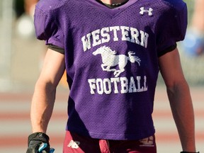 Mackenzie Ferguson of the Western Junior Mustangs is seen as a star-in-waiting with four interceptions in two games. (Mike Hensen/The London Free Press)