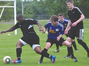 Bailey Green of the Portage Aeros battles for the ball during a game against Celtic FC June 4. (Kevin Hirschfield/THE GRAPHIC/QMI AGENCY)