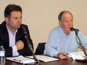 NDP provincial candidate Joe Hill, right, speaks at the Lambton-Kent-Middlesex all-candidates debate held on June 5 at the Wallaceburg Legion, as Liberal candidate Mike Radan looks on. The debate was organized by the Chatham-Kent Ontario Health Coalition.