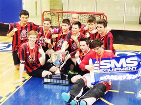 Spruce Grove’s bantam floorball team repeated their winning ways en route to another Canada Cup championship in Toronto, and went undefeated into the finals, where they took on the Swiss, winning 7-6. - Photo Supplied