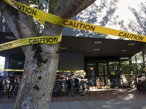 Police tape is seen at the scene of the previous day's shooting at Otto Miller Hall at Seattle Pacific University in Seattle, Wash., on June 6, 2014. (REUTERS/David Ryder)