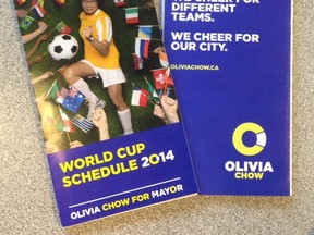 The Olivia Chow campaign World Cup schedule. Chow is handing out 100,000 of them ahead of this year's World Cup tournament. (Don Peat/Toronto Sun)