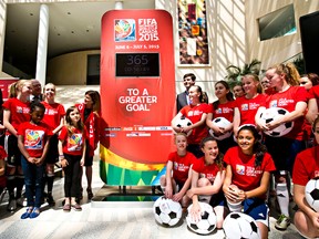 A countdown clock to next year's Women's World Cup is unveiled during a ceremony marking one year from the FIFA Women's World Cup Canada 2015 at City Hall in Edmonton, Alta., on Friday, June 6, 2014. Codie McLachlan/Edmonton Sun/QMI Agency