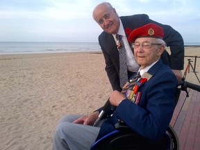 Veterans' Affairs Minister Julian Fantino with D-Day vet Havelyn (Hav) Chiasson on June 6, 2014. (Supplied photo)