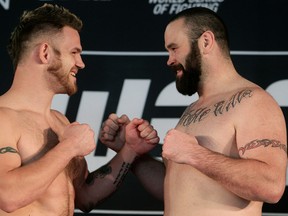 Matt Baker, left, will face Tim Hague Saturday on the World Series of Fighting card at the Edmonton Expo Centre. (David Bloom, Edmonton Sun)