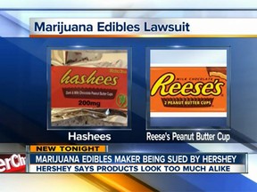 A lawsuit filed by Hershey claims that Ganja Joy bars like Hashees, left, closely resemble Hershey products like its Reese's peanut butter cups, right. (KMGH screengrab)