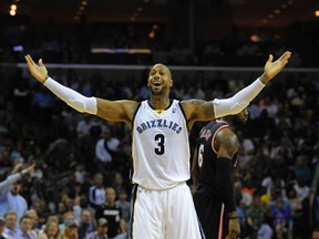 Memphis Grizzlies forward James Johnson reacts to a call during the game against the Miami Heat at FedExForum. Memphis Grizzlies beat the Miami Heat 107-102 on April 9, 2014. (Justin Ford/USA TODAY Sports)
