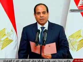 Former army chief Abdel Fattah al-Sisi takes the oath of office during his swearing-in ceremony as Egypt's new president at the Supreme Constitutional Court in Cairo, June 8, 2014 in this still image taken from video. REUTERS/Egyptian State Television via Reuters TV