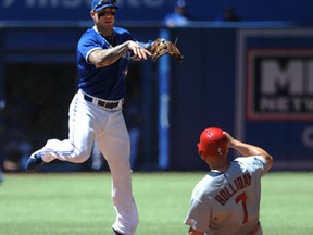 Toronto Blue Jays second baseman Brett Lawrie makes the throw to first after forcing St. Louis Cardinals designated hitter Matt Holliday at second to complete a fifth inning double play at Rogers Centre June 7, 2014. (Dan Hamilton-USA TODAY Sports/Reuters)