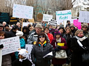 Protesters gather during a rally to support a petition calling for math curriculum reform at the Alberta Legislature Building in Edmonton, Alta., on Saturday, April 12, 2014. Codie McLachlan/Edmonton Sun/QMI Agency