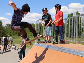 JOHN LAPPA/THE SUDBURY STAR                   
Chad Gagnon tries out the revamped skate park at the Valley East Lions Playground in Hanmer on Saturday. There was a ribbon-cutting ceremony and a barbecue courtesy of the Valley East Lions Club at the reopening of the skate park.