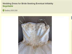 A Sydney, Australia man posted this ad for a wedding dress on the website Gumtree.com.au after his bride-to-be admitted to having an affair with his best friend. The ad was posted June 8, 2014. (Photo: Screengrab from Gumtree.com.au/QMI Agency)
