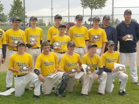 The Western Counties Wolverines Minor Bantams won the London Badgers 'AAA' tournament final June 8. The team won all five games it played. Front row, from left: Jacob Breault, Greg Hay, Jakeb Taylor, Ethan Lutz, Drew Pepper. Back row: coach J. Taylor, Xavier Jamieson, Derek Smith, Evan Rogers, Grant Spence, Kyle Blunt, Connor Goldsmith, Spencer Marcus, coach J. Jamieson, coach B. Spence. Absent are coaches S. Smith and C. McGregor.