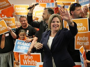 Andrea Horwath shot back at the Liberals Monday, claiming the NDP are the only viable political party to stop Tim Hudak' and the Conservatives. The message comes on the heels of Liberal attack ads that warn against vote splitting leading to a Tory government and job cuts. TYLER KULA/ THE OBSERVER/ QMI AGENCY