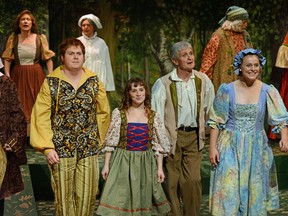 Greg Pinchin Submitted photo
Eric Lucas, as Jack;  Jaime-Crystal Lott as Red Riding Hood; Al Zaback as the Baker; Braelyn Guppy as Cinderella. Back row - Moira Nikander-Forrester as Baker's wife, Nancy Garrod as Riding Hood's grandmother; Tom Higginbotom as mysterious old man; Alison Brant as the witch restored to her natural beauty after countering a spell.