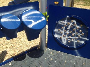 Brand new playground equipment at Garnet Elliott Park was one of many places in town tagged with graffiti over the weekend. About $5,000 is the damage estimate. PLAYRIGHT PLAYGROUNDS PHOTO
