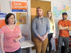 Sarah Campbell speaks about electricity costs at her Kenora campaign office on Monday, June 9.