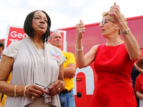 Liberal leader Kathleen Wynne with candidate Georgina Thompson in Belleville.
LUKE HENDRY/The Intelligencer