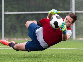 FC London goalkeeper Aaron McMurray makes a save during a practice (Free Press file photo)