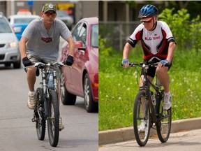 LEFT: Asked why he was riding helmetless on Dundas St., Ron MacQueen said, ?I don?t have an answer, I really should go get one.? RIGHT: London cyclist John McConnell, seen here on Pall Mall St., said he always wears a helmet: ?I don?t need my head smashed in.? (Photos by MIKE HENSEN, The London Free Press)