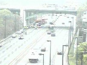 A RESCU traffic camera shot of the Don Valley Pkwy. at the Dundas overpass just before noon.