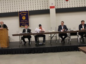 Five of Lambton--Kent--Middlesex provincial candidates at the all-candidates meeting in Mt. Brydges June 9. From left: Bob Lewis (NOTA) speaks, James Armstrong (Green Party),Joe Hill (NDP), Monte McNaughton (Progressive Conservative) and Mike Radan (Liberal). ELENA MAYSTRUK/ AGE DISPATCH/ QMI AGENCY