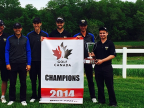 The University of Manitoba Bisons golf team, including St. Claude’s Brodie Gobin, third from left, won the 2014 Canadian University/College Championship.