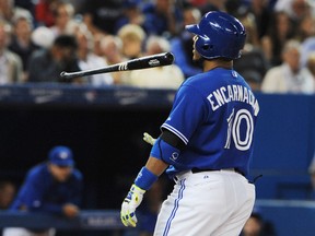 Blue Jays batter Edwin Encarnacion flips his bat after striking out in the sixth inning against the Twins in Toronto on Wednesday, June 11, 2014. (Dan Hamilton/USA TODAY Sports)