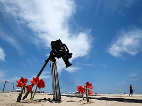 A television camera is placed on Copacabana beach in Rio de Janeiro, Brazil, on February 13, 2014. (REUTERS/Sergio Moraes)