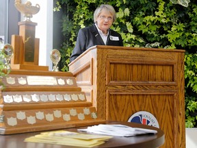 June Hagerman, chairperson of the Sir Mackenzie Bowell Educator of the Year committee, speaks during the final Sir Mackenzie Bowell Educator of the Year reception held at Loyalist College Tuesday, June 10, 2014. 
Emily Mountney/The Intelligencer