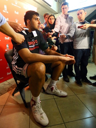 Toronto media get their first look at 7-foot-5 Toronto-born draft prospect Sim Bhullar during a Raptors pre-draft workout camp at the Air Canada Centre on Wednesday. (DAVE ABEL/Toronto Sun)